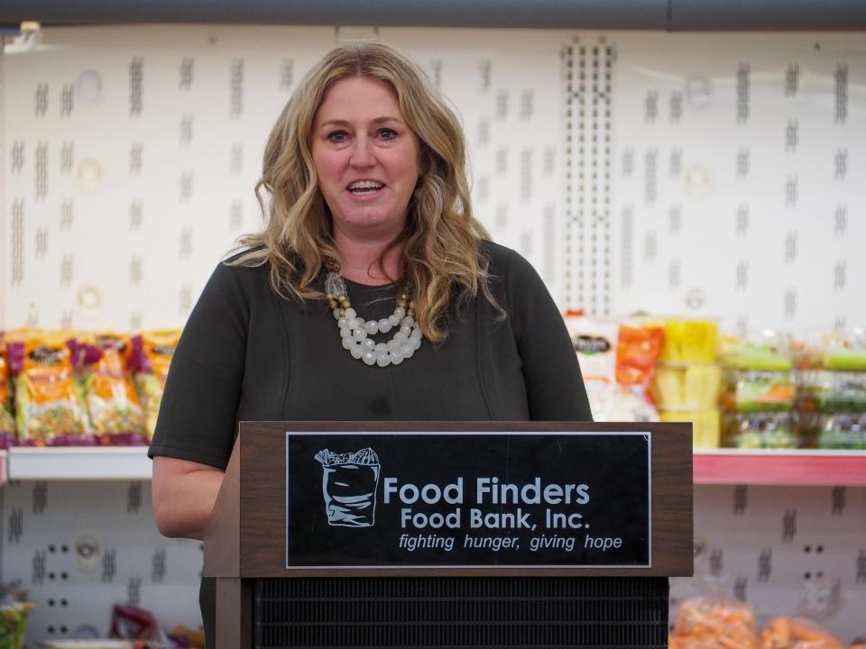 Kier Crites, CEO of Food Finders Food Bank, speaks about the importance of Food Finders Food Bank's Drive Away Hunger fall food drive, on Tuesday, Oct. 31, 2023, in Lafayette, Ind.