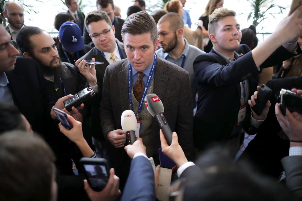 Richard Spencer, an alt-right leader, speaks to reporters before he was thrown out of the CPAC meeting. (Chip Somodevilla/Getty Images)