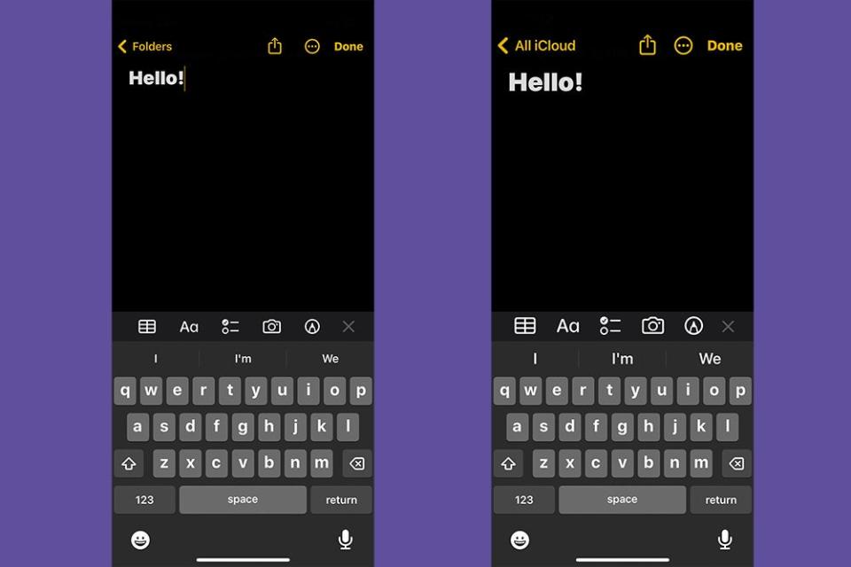 A side-by-side comparison of the iOS Notes app, showing default text size on the left, and increased text size on the right.