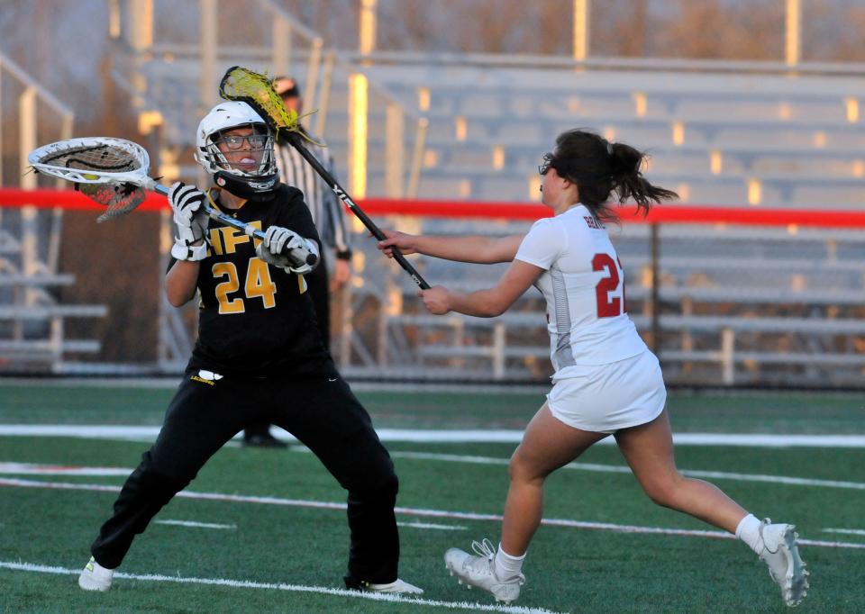 Honeoye Falls-Lima goalie Lily Brady tries to clear the ball as Canandaigua's Nola Weaver brings defensive pressure during Thursday's game.