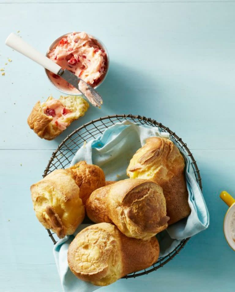 breakfast in bed popovers with spread in a basket