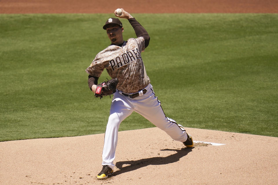 San Diego Padres starting pitcher Blake Snell works against a Los Angeles Dodgers batter during the first inning of a baseball game Sunday, April 18, 2021, in San Diego. (AP Photo/Gregory Bull)