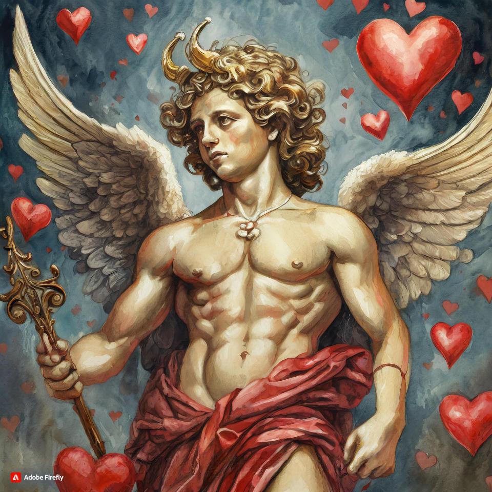 This design was created with Adobe FireFly's generative AI photo tool. The AI was told to create a historically accurate painting of Cupid, surrounded by hearts.
