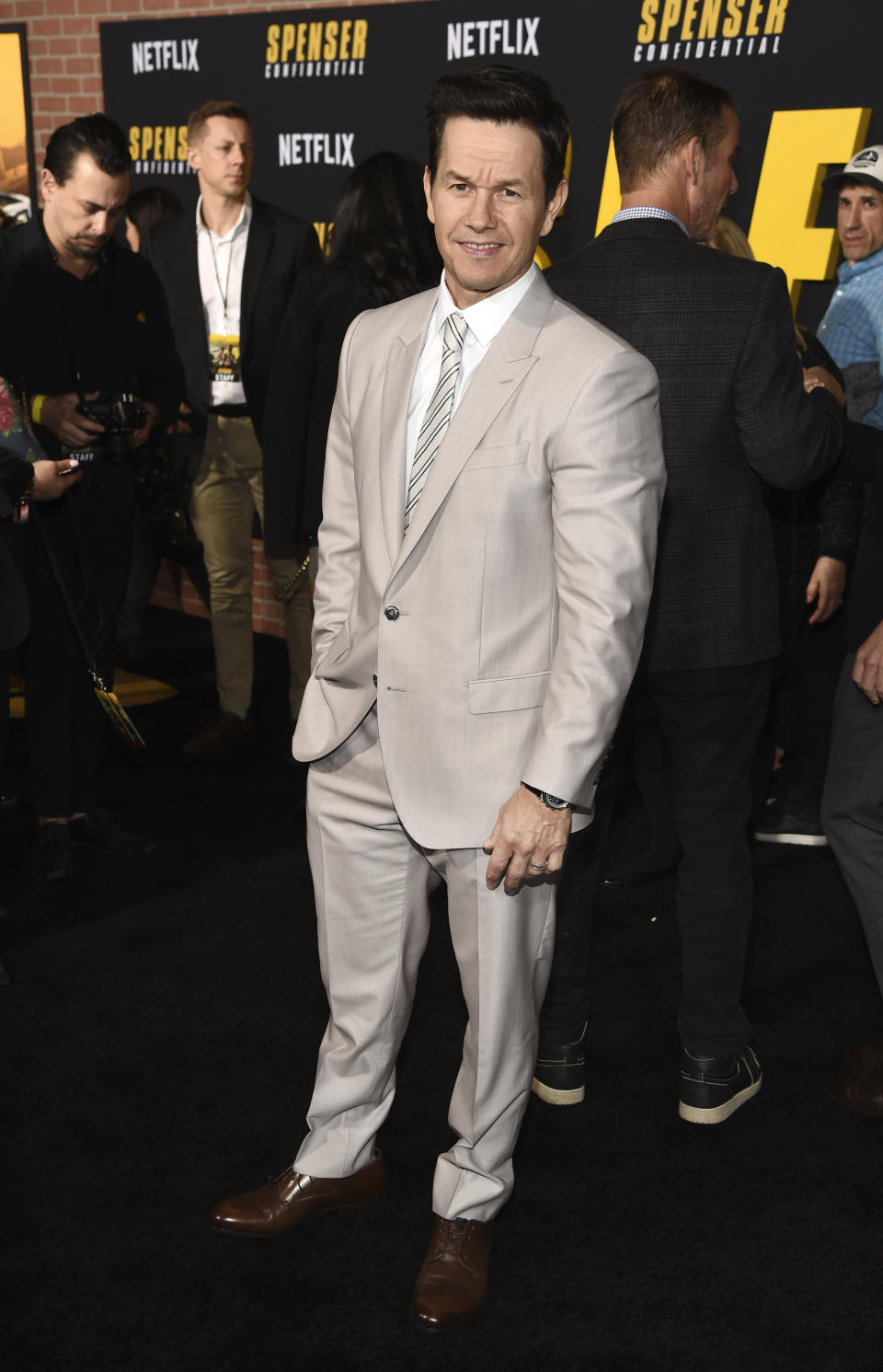 FILE - Mark Wahlberg, star of the Netflix film "Spenser Confidential," poses at the premiere of the film on Feb. 27, 2020, in Los Angeles. Wahlberg turns 50 on June 5. (AP Photo/Chris Pizzello, File)