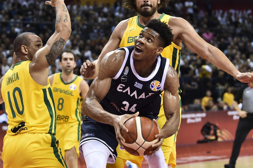 NANJING, CHINA - SEPTEMBER 03: Giannis Antetokounmpo #34 of Greece controls the ball during FIBA World Cup 2019 Group F match between Brazil and Greece at Gymnasium of Youth Olympic Games Sport Park on September 3, 2019 in Nanjing, Jiangsu Province of China. (Photo by VCG/VCG via Getty Images)