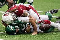 New York Jets quarterback Joe Flacco (5) is sacked by Arizona Cardinals linebacker Dennis Gardeck (45) during the first half of an NFL football game, Sunday, Oct. 11, 2020, in East Rutherford. (AP Photo/Seth Wenig)