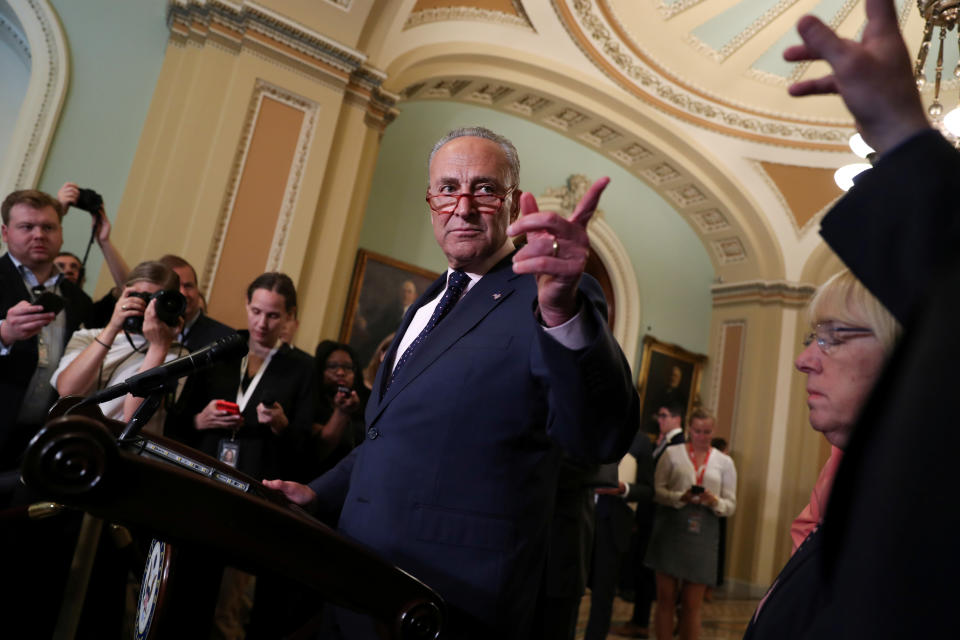 U.S. Senate Minority Leader Chuck Schumer (D-NY) addresses reporters after the weekly senate party caucus luncheons at the U.S. Capitol in Washington, U.S. July 9, 2019. REUTERS/Jonathan Ernst