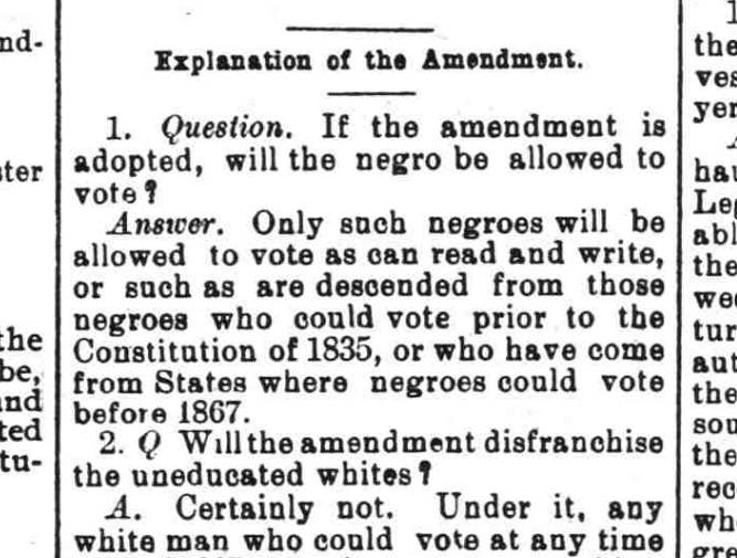 An article in The Fayetteville Observer in April 1899 explained how an amendment to the North Carolina Constitution would disenfranchise Black voters. The amendment passed in 1900.