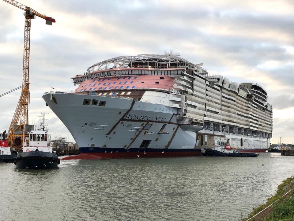 The Wonder of the Seas sitting on the water as it's under construction in France
