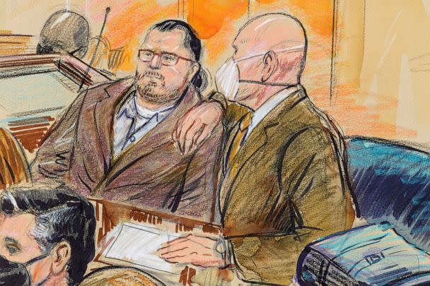 PHOTO: An artist sketch depicts Guy Wesley Reffitt, joined by his lawyer William Welch, right, in Federal Court, in Washington, D.C., Feb. 28, 2022. (Dana Verkourteren/AP, FILE)