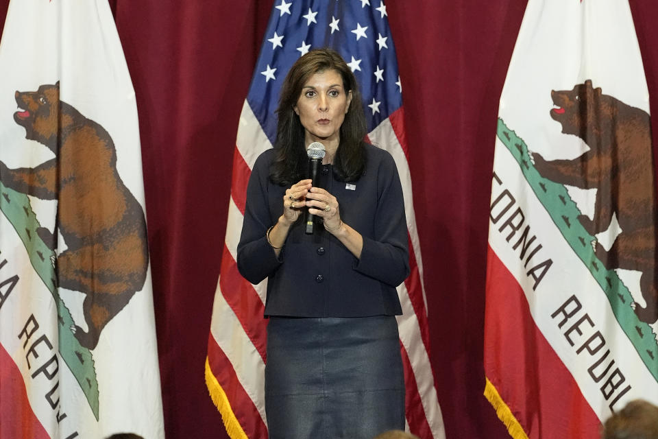 Republican presidential candidate former U.N. Ambassador Nikki Haley speaks during a campaign event at the Hollywood American Legion Post 43, Wednesday, Feb. 7, 2024, in Los Angeles.(AP Photo/Damian Dovarganes)