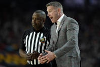 Alabama head coach Nate Oats yells during the first half of the NCAA college basketball game against UConn at the Final Four, Saturday, April 6, 2024, in Glendale, Ariz. (AP Photo/Brynn Anderson )