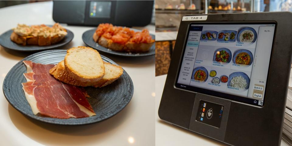 A composite image of bread and ham on plate and of a tablet ordering system