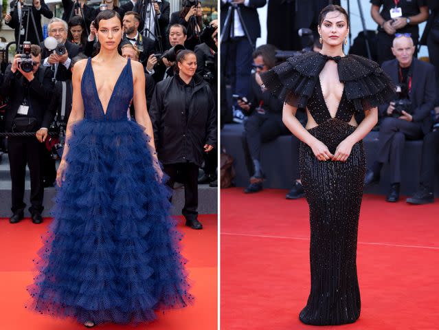 <p>Getty Images</p> Irina Shayk and Camila Mendes in Armani.