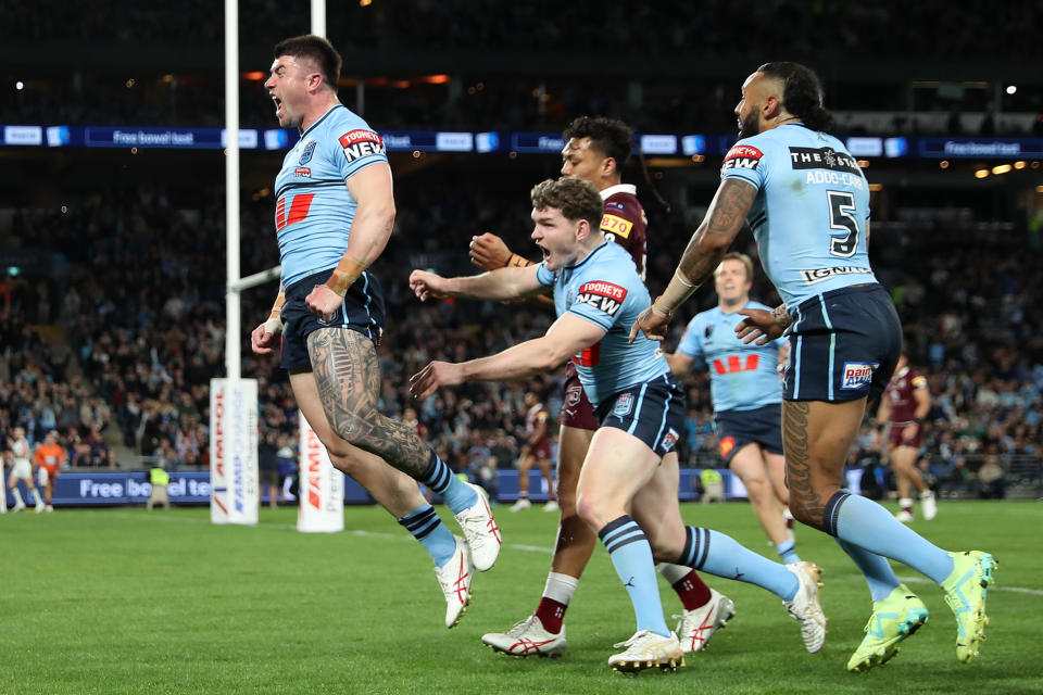 SYDNEY, AUSTRALIA - JULY 12: Bradman Best of the Blues celebrates scoring a try during game three of the State of Origin series between New South Wales Blues and Queensland Maroons at Accor Stadium on July 12, 2023 in Sydney, Australia. (Photo by Brendon Thorne/Getty Images)