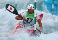 LONDON, ENGLAND - JULY 29: Kazuki Yazawa of Japan competes during the Men's Kayak (K1) Canoe Slalom heats on Day 2 of the London 2012 Olympic Games at Lee Valley White Water Centre on July 29, 2012 in London, England. (Photo by Phil Walter/Getty Images)