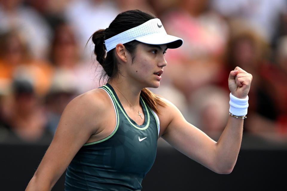 AUCKLAND, NEW ZEALAND - JANUARY 04: Emma Raducanu of Great Britain celebrates a point in her match against  Elina Svitolina of Ukraine during the 2024 Women's ASB Classic at ASB Tennis Centre on January 04, 2024 in Auckland, New Zealand. (Photo by Hannah Peters/Getty Images)