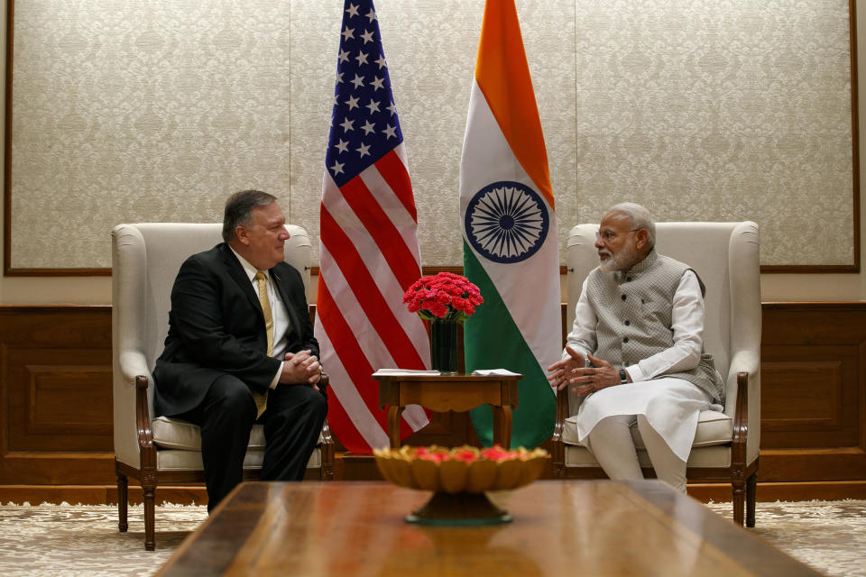 Secretary of State Mike Pompeo, left, talks with Indian Prime Minister Narendra Modi, during their meeting at the Prime Minister's Residence, Wednesday, June 26, 2019, in New Delhi, India. (AP Photo/Jacquelyn Martin, Pool)