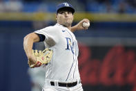 Tampa Bay Rays starting pitcher Shane McClanahan delivers to the Kansas City Royals during the first inning of a baseball game Friday, Aug. 19, 2022, in St. Petersburg, Fla. (AP Photo/Chris O'Meara)