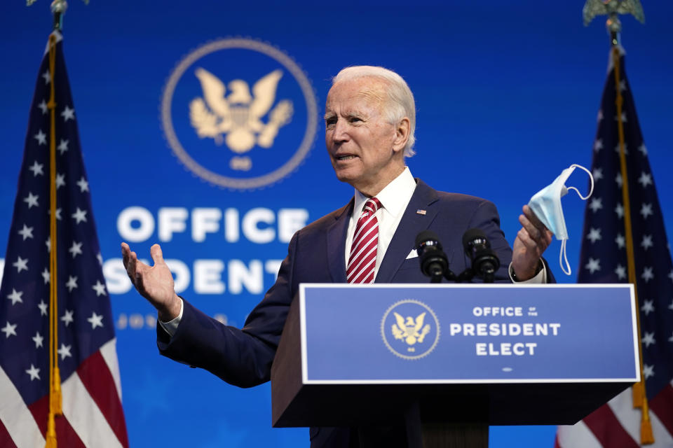 President-elect Joe Biden, accompanied by Vice President-elect Kamala Harris, speaks about economic recovery at The Queen theater, Monday, Nov. 16, 2020, in Wilmington, Del. (AP Photo/Andrew Harnik)