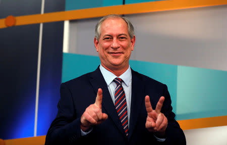 FILE PHOTO: Presidential candidate Ciro Gomes of the Democratic Labour party (PDT) gestures during a television debate at the Gazeta TV studio in Sao Paulo, Brazil September 9, 2018. REUTERS/Nacho Doce