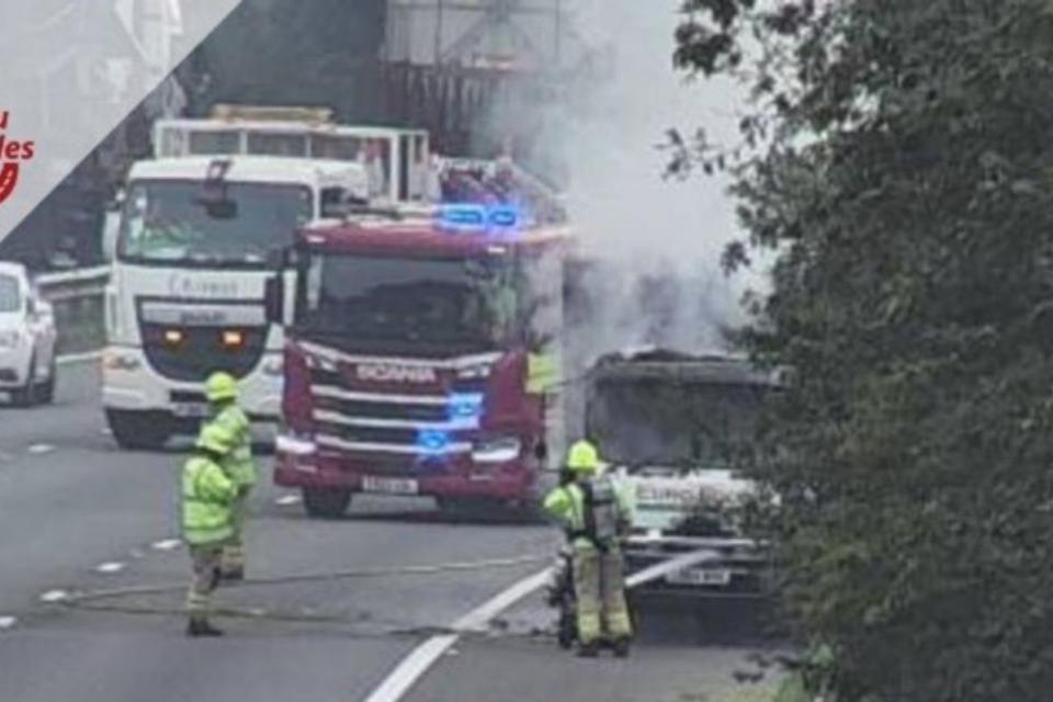 South Wales Argus: Car fire on the M4 with emergency services in attendance.