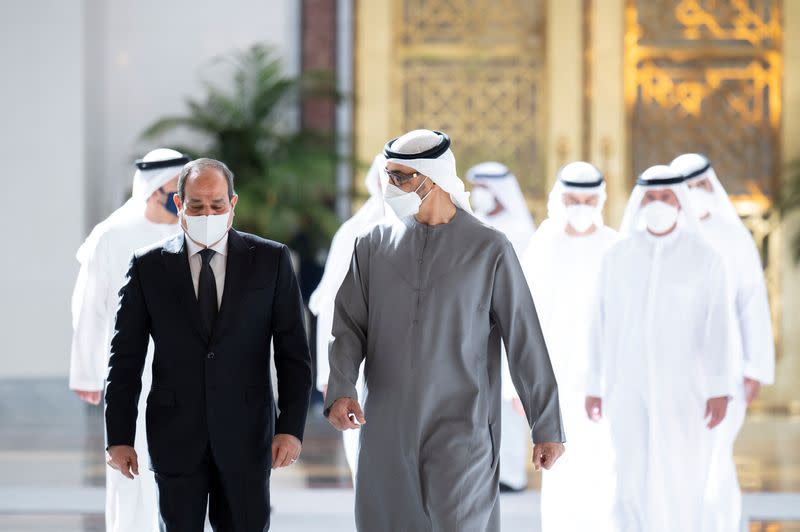 Egypt's President Abdel Fattah al-Sisi offers condolences to UAE President and Abu Dhabi Ruler, Sheikh Mohammed bin Zayed al-Nahyan after the death of UAE's late President Sheikh Khalifa bin Zayed, in Abu Dhabi