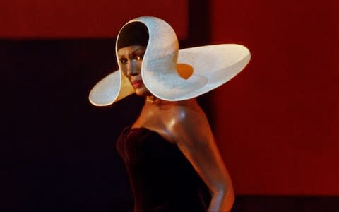 Philip Treacy hats are a mainstay of Jones’s wardrobe - Credit: Sophie Fiennes. STILLS TAKEN FROM BLOODLIGHT AND BAMI. 