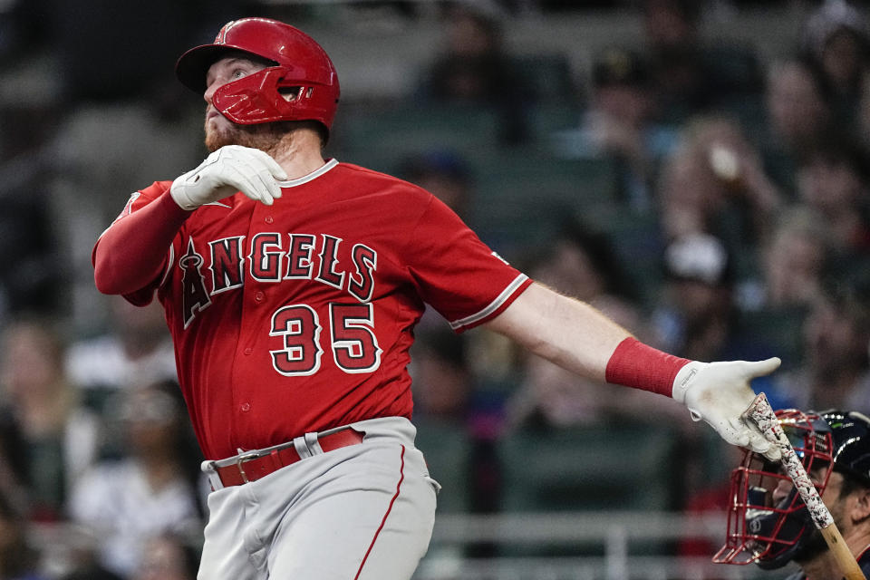 Los Angeles Angels' Chad Wallach watches his home run in the fifth inning of a baseball game against the Atlanta Braves, Monday, July 31, 2023, in Atlanta. (AP Photo/John Bazemore)