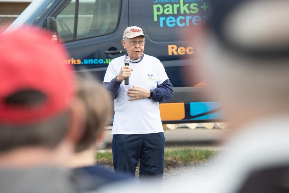 Jerry Lammers, president of the Topeka Pickleball Association, talks about how excited he is for more courts to go in to Family Park during a groundbreaking ceremony Wednesday.