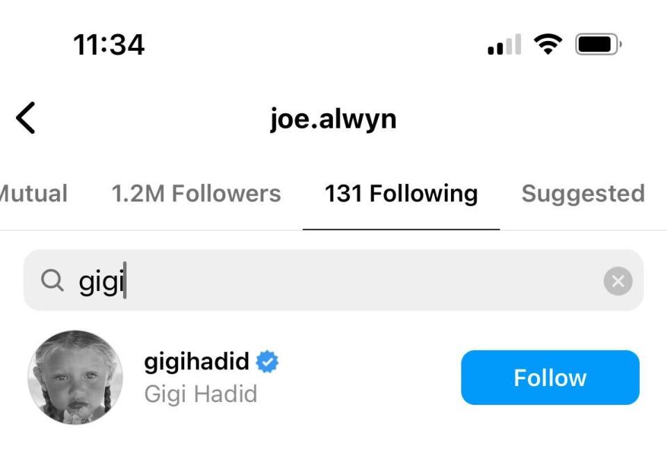 Joe Alwyn still follows Gigi Hadid as of April 21, 2023.