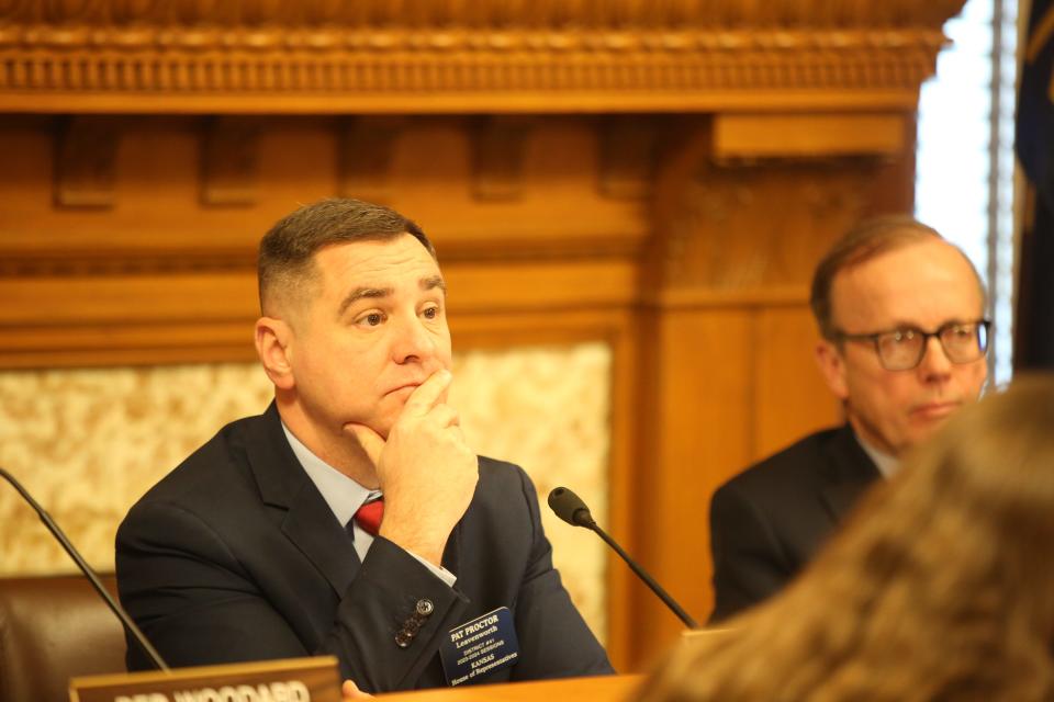 Rep. Pat Proctor, R-Fort Leavenworth, listens to testimony in the House Elections Committee Tuesday on a bill that would allow the secretary of state's office to develop ballot drop box regulations.