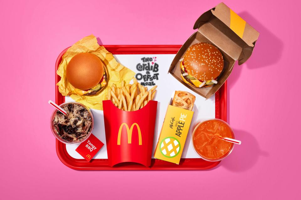 McDonald's will begin offering the Cardi B and Offset Meal for a limited time starting on Valentine's Day. It includes a cheeseburger with BBQ sauce, Quarter Pounder with Cheese, large order of fries, large Coke and large Hi-C Orange Lavaburst drinks, and apple pie. Prices are determined by individual restaurants and could vary.