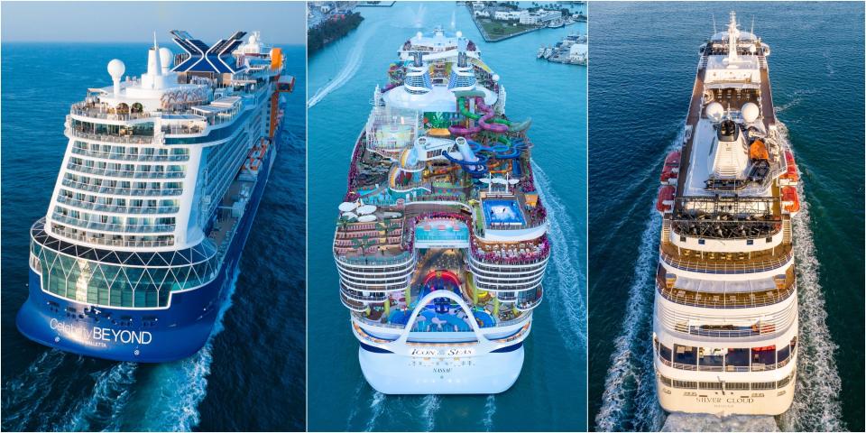 composite of Celebrity Cruises' Celebrity Beyond, Royal Caribbean International's Icon of the Seas, and Silversea's Silver Cloud, all on water