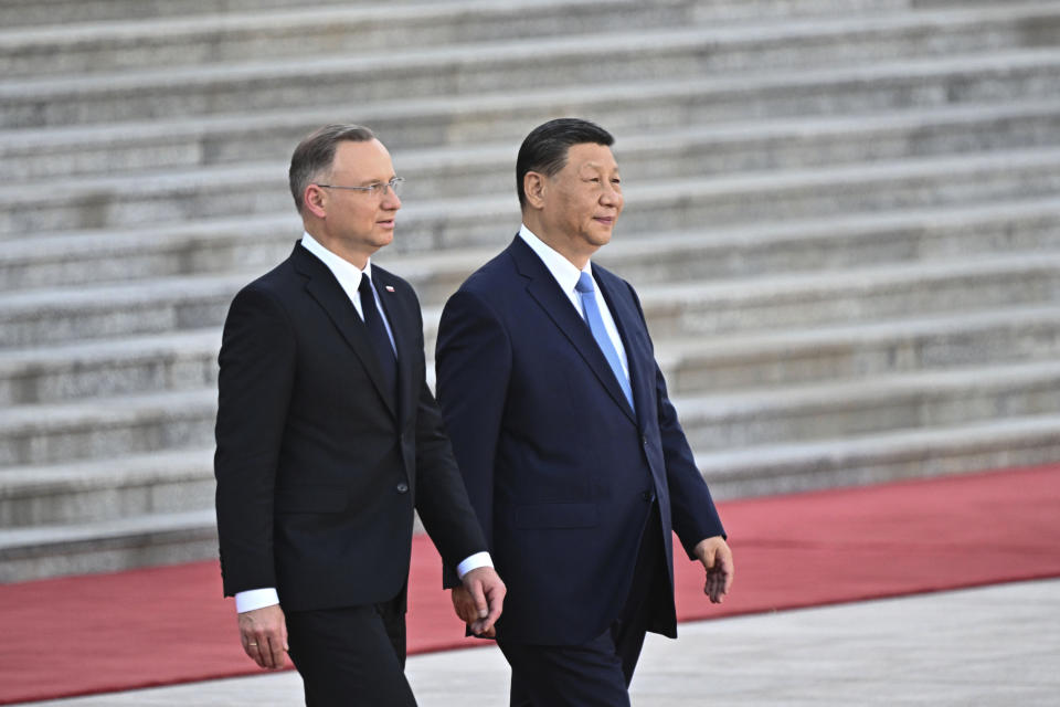 Chinese President Xi Jinping, right and Poland's President Andrzej Duda attend the welcome ceremony at the Great Hall of the People in Beijing, Monday, June 24, 2024. (Pedro Pardo/Pool Photo via AP)