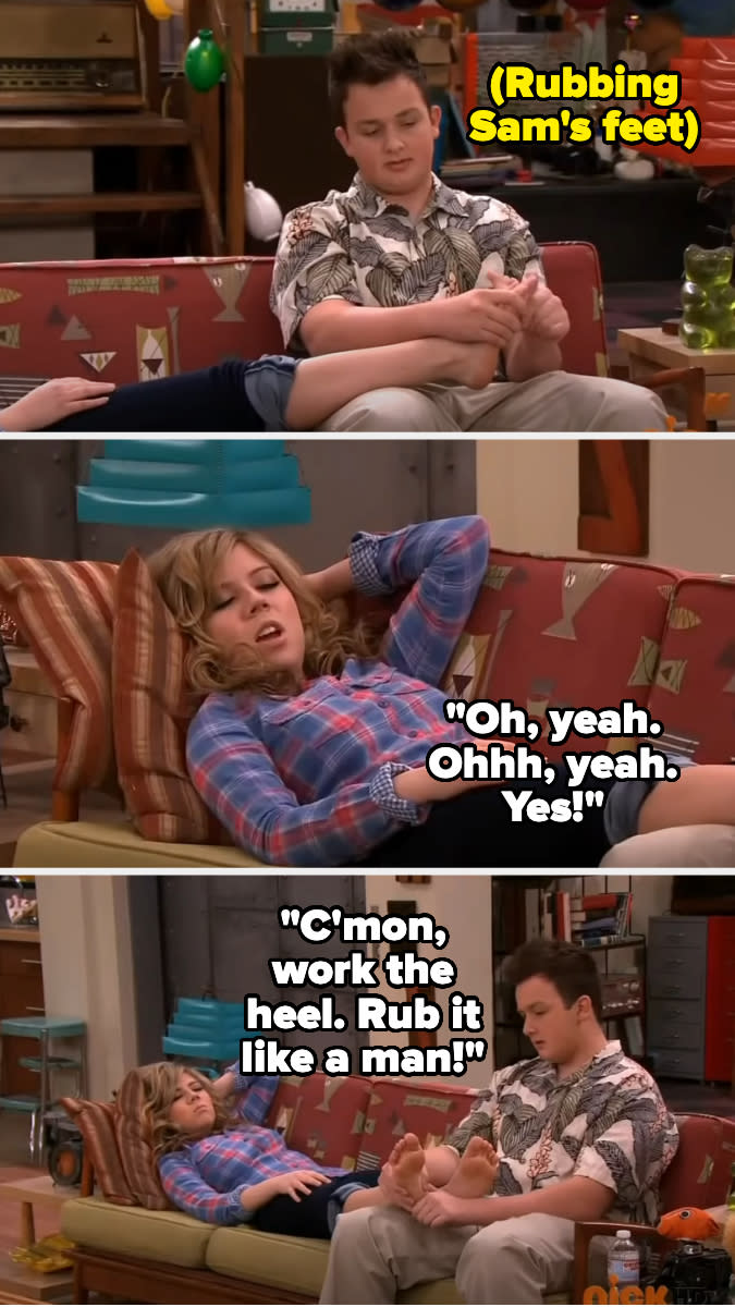 Three-panel sitcom scene showing characters Sam and Freddie. Sam reclines while Freddie massages her feet; both are conversing