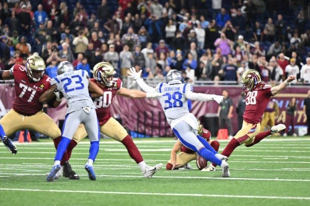 Michigan Panthers kicker Jake Bates connects on a 64-yard field goal to give the Panthers a stunning 18-16 win over the St. Louis Battlehawks at Ford Field in the United Football League season opener Saturday, March 30, 2024 in Detroit.