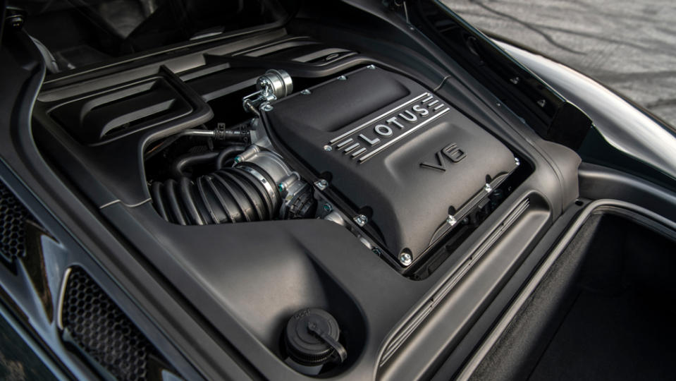 The 400 hp, 3.5-liter supercharged V-6 engine inside a 2024 Lotus Emira.