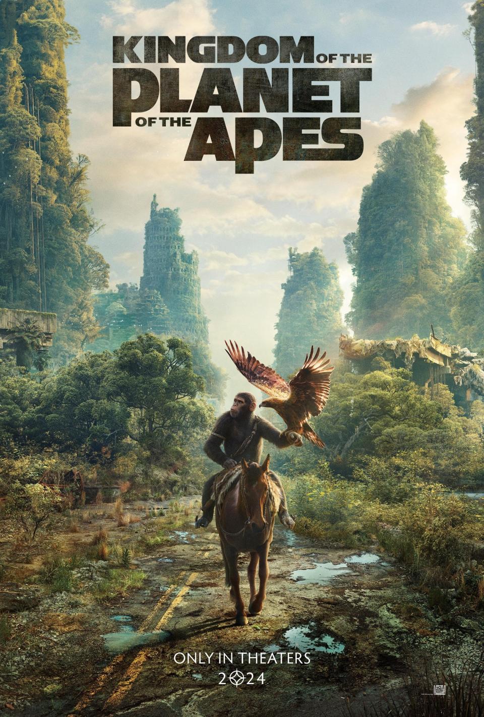 "Poster for 'Kingdom of the Planet of the Apes' showing a character on horseback with an eagle, in a lush, post-apocalyptic landscape."