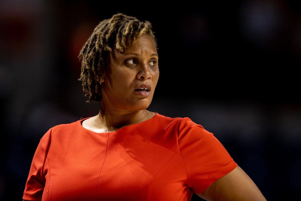 Florida A&M Lady Rattlers head coach Shalon Pillow looks on during the first half against the Florida Gators at Billy Donovan Court at Exactech Arena in Gainesville, FL on Monday, November 7, 2022. [Matt Pendleton/The Gainesville Sun]