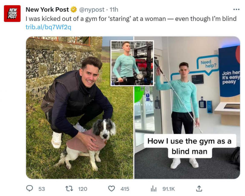 21歲男網紅自爆，身為盲人的他以前在健身房運動時，被一名女性指控一直色瞇瞇盯著看最後被踢出健身房。（圖／翻攝自推特） 