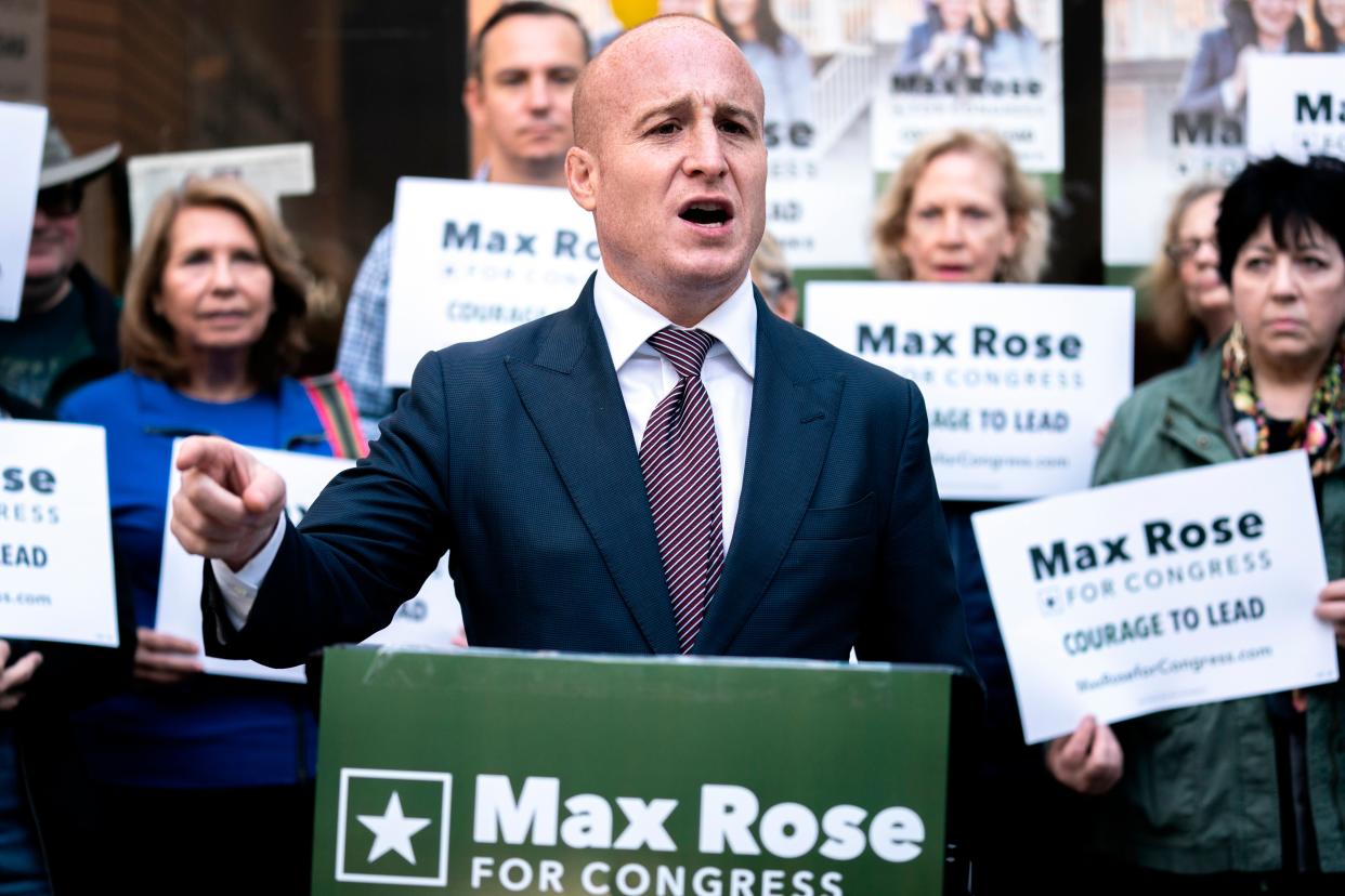 Max Rose, a Democrat who previously served in Congress between 2019 and 2021 and is running for office in New York's 11th Congressional District, speaks during a press conference, Thursday, Sept. 29, 2022, in the Brooklyn borough of New York. 