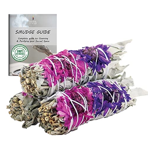 Blissful Organic White Sage Smudge Sticks with Flowers 3 Pack for Cleansing Home, Meditation, Yoga, Healing and Smudging | Sustainably Sourced California White Sage Bundles (3 Pack)
