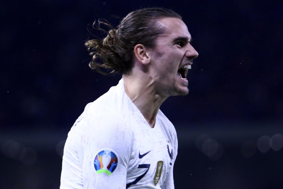 France's Antoine Griezmann celebrates after scoring his side's second goal during the Euro 2020 group H qualifying soccer match between Albania and France at Arena Kombetare stadium in Tirana, Sunday, Nov. 17, 2019. (AP Photo/Hektor Pustina)