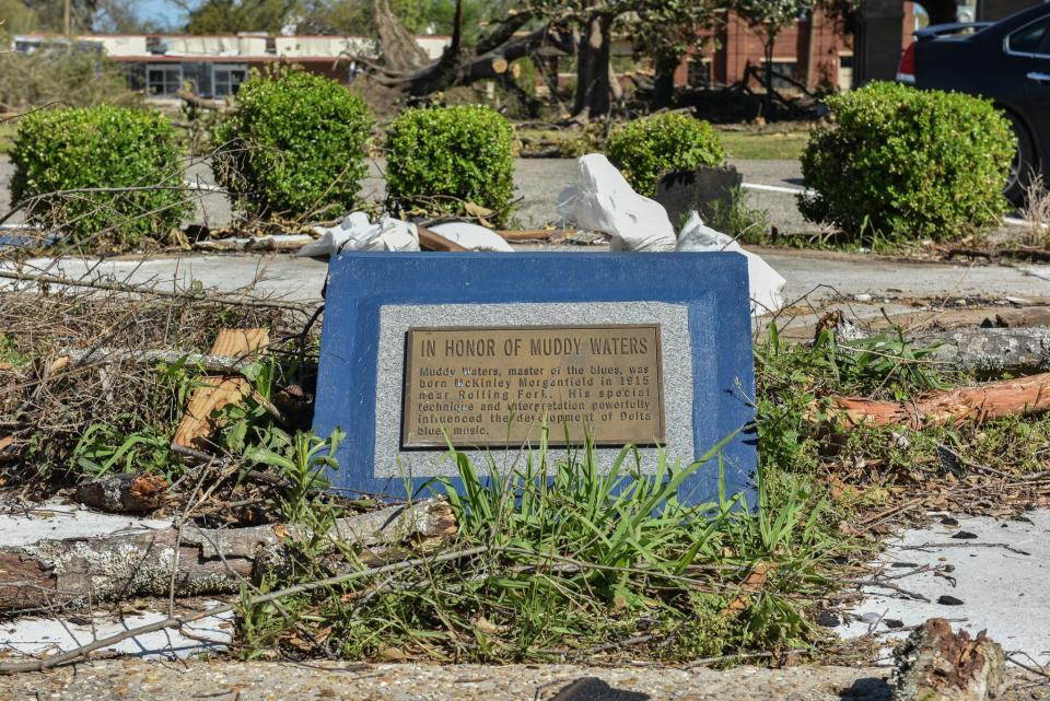 A tribute to Muddy Waters is seen following Friday's violent tornado in downtown Rolling Fork on Monday.