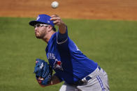 Toronto Blue Jays' Anthony Kay delivers a pitch during the first inning of a spring baseball game against the New York Yankees Sunday, Feb. 28, 2021, in Tampa, Fla. (AP Photo/Frank Franklin II)