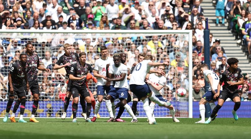  Tottenham striker Harry Kane scores from a free-kick against Brentford in May 2023. 