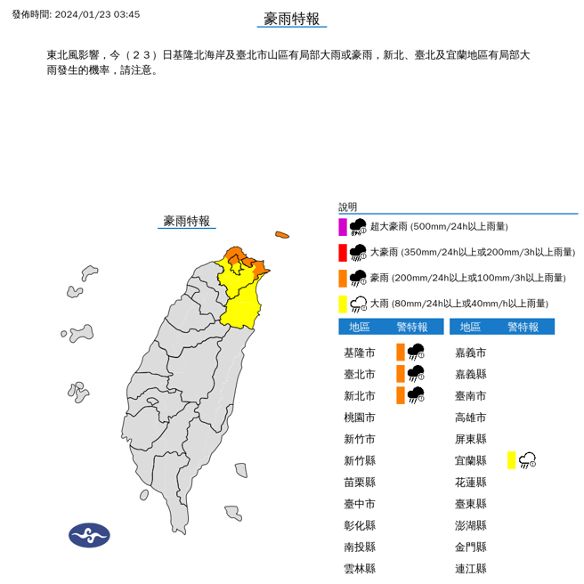 大雨特報。（圖取自氣象署網頁）