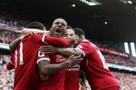 <p>LIVERPOOL, ENGLAND – MAY 21: Georginio Wijnaldum of Liverpool celebrates scoring his sides first goal during the Premier League match between Liverpool and Middlesbrough at Anfield on May 21, 2017 in Liverpool, England. (Photo by Jan Kruger/Getty Images) </p>