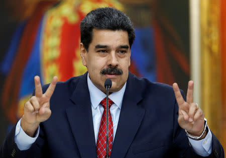 Venezuela's President Nicolas Maduro gestures as he speaks during a news conference at Miraflores Palace in Caracas, Venezuela January 25, 2019. REUTERS/Manaure Quintero